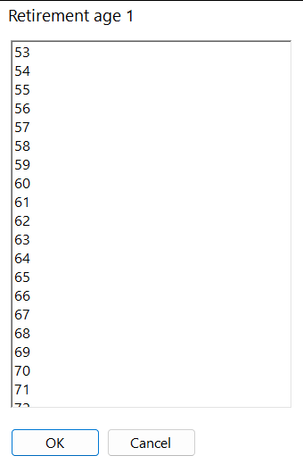 The age picker: a list of ages with OK and Cancel buttons
