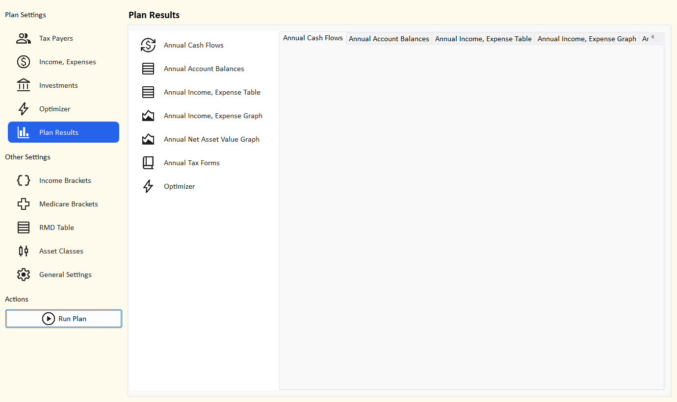The Plan Results page with its list of result views