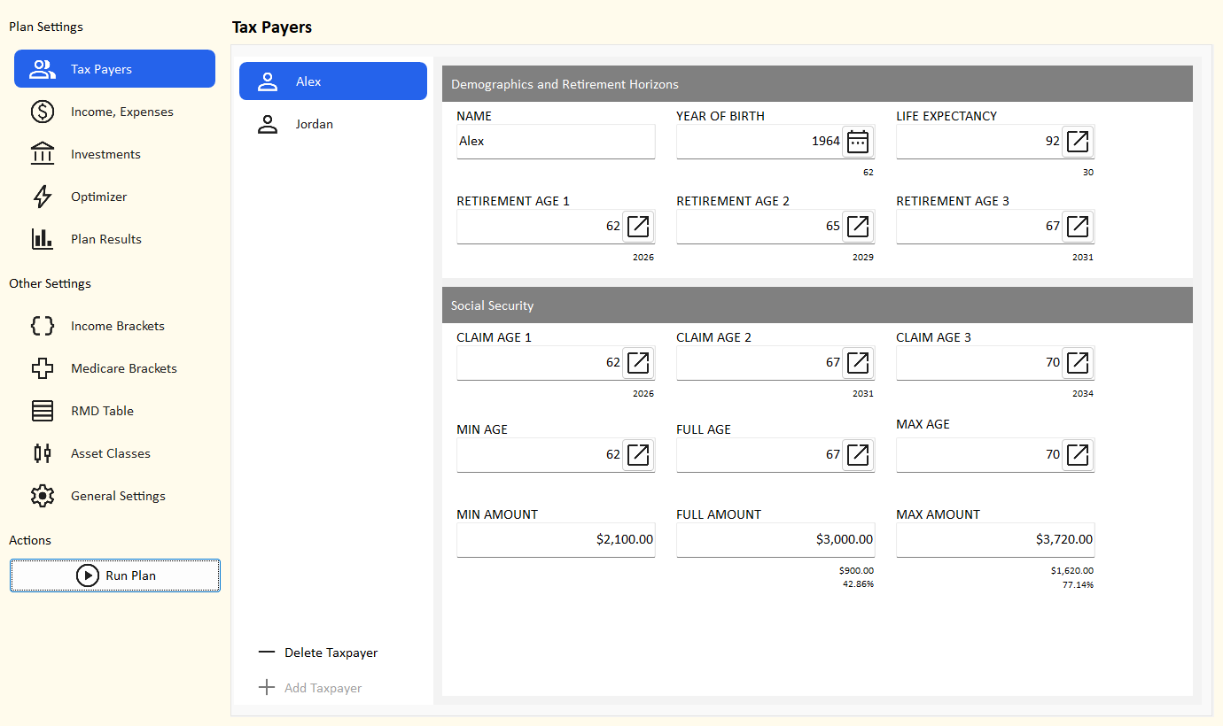 The financial planner with the Tax Payers page open: navigation on the left, tax payer details on the right